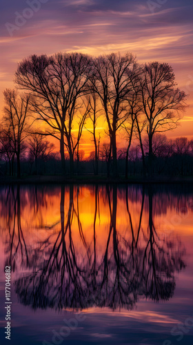 Wallpaper Mural Tranquil Landscape at Dusk with Silhouetted Trees and Reflective Water in Warm Sunset Hues Torontodigital.ca