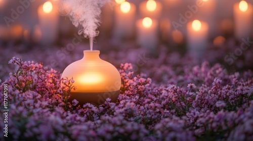Soft morning light illuminates a decorative vase and blooming flowers by the ...