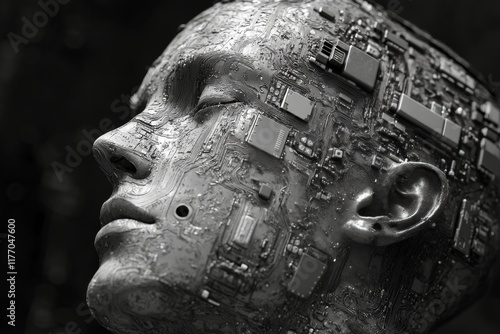 Unique artistic representation of a face combined with circuit patterns in a ...