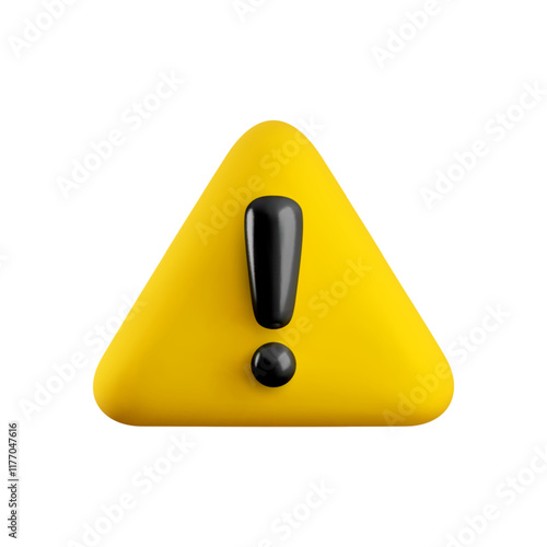 Vector Realistic 3d yellow triangle shape with black exclamation mark. Cartoon 3d render of warning sign, danger symbol, hazard notification isolated on white background.