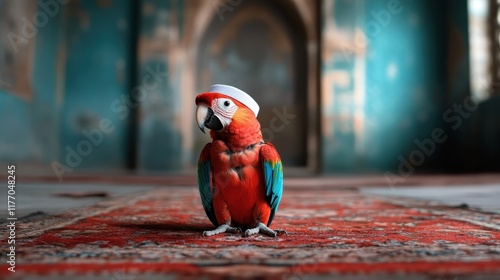 An elegant parrot wearing a white cap sits nobly on a richly patterned carpet, contributing to the atmosphere of timeless beauty and grace in the interior. photo