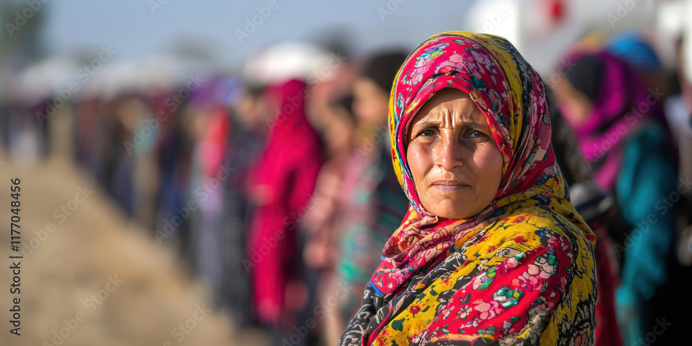 Fototapeta premium Healthcare Access and Disparities Concept. woman in colorful scarf stands in line at healthcare camp, showing resilience