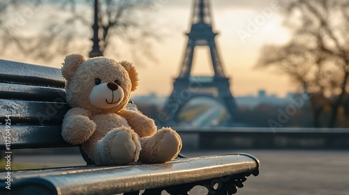 A plush toy resting on a stone bench with a famous landmark ahead photo