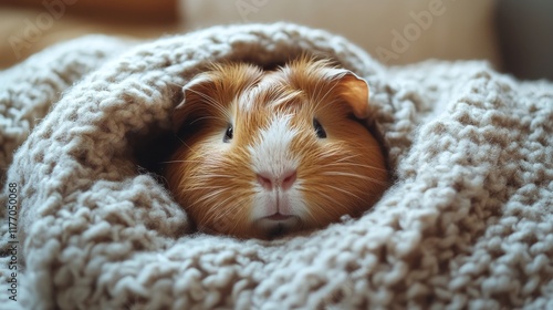 Guinea pig resting peacefully in a cozy blanket on a soft surface during the day