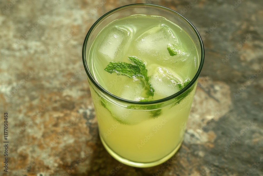 Refreshing lemonade in a glass with ice cubes and mint leaves served on a rustic surface.