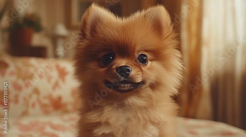 Cute fluffy pomeranian puppy sitting on soft white fur background in bright l...