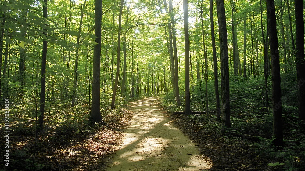 Obraz premium A quiet forest path winding through tall dense trees with sunlight filtering through