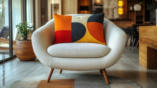 Cozy armchair with colorful cushion in a bright, modern living space during d...