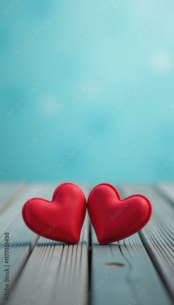 Fototapeta premium Two red heart shaped pillows are placed on weathered gray wooden planks with a blurred light blue background representing love and togetherness.