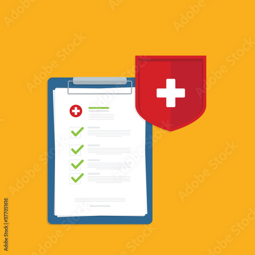 Medical healthcare insurance. Red shield on patient protection policy and pen. Medicine symbol. Vector illustration	