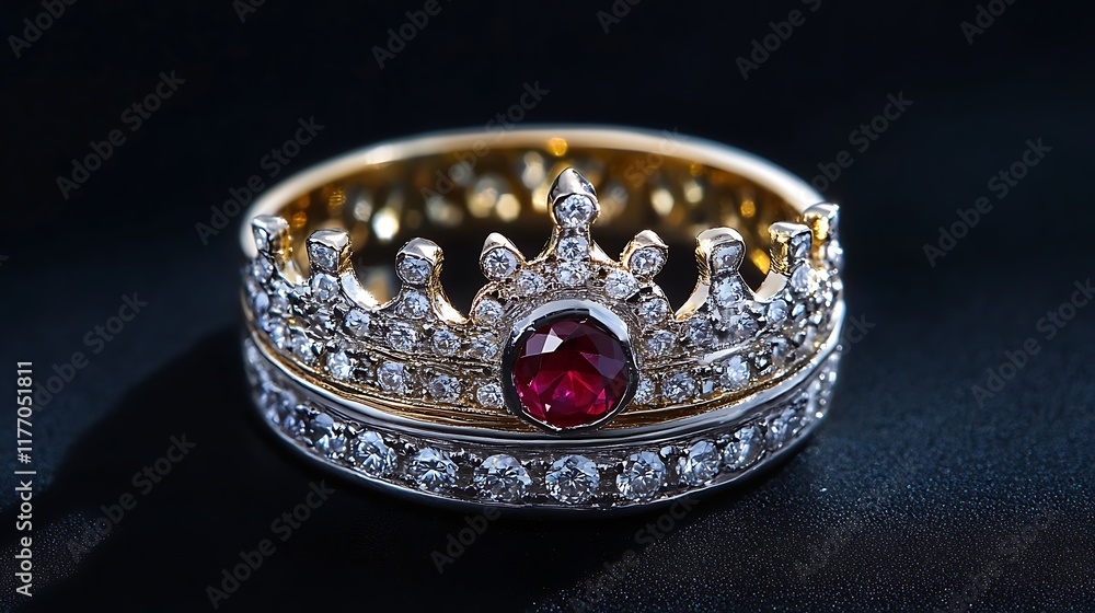 A ring shaped like a crown encrusted with small diamonds and a central ruby A ring shaped like a crown encrusted with small diamonds and a central ruby