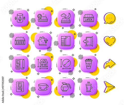 Open door, Street light and House dimension line icons. App 3d buttons. Social media comment, share, like icons. Pack of Night mattress, Flexible mattress, Takeaway coffee icon. Vector