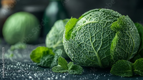 Fresh green cabbage and mint leaves on a dark surface with moisture droplets