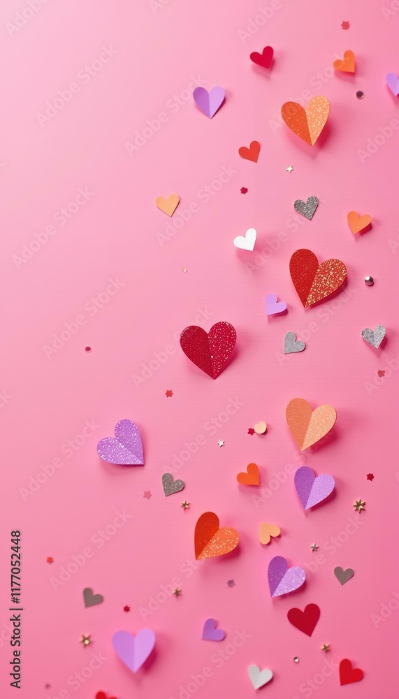 Scattered paper cut hearts in shades of red, orange, purple and white with gold stars on a pink background, showcasing love and Valentines day concept Scattered paper cut hearts in shades of red, orange, purple and white with gold stars on a pink background, showcasing love and Valentines day concept
