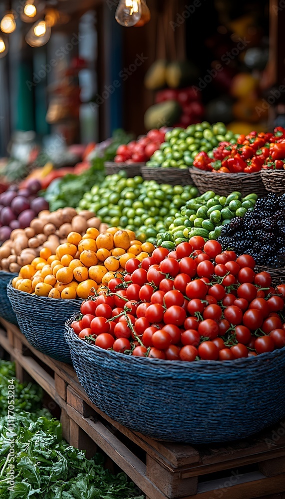 Vibrant market display of fresh vegetables and fruits in baskets. Vibrant market display of fresh vegetables and fruits in baskets.