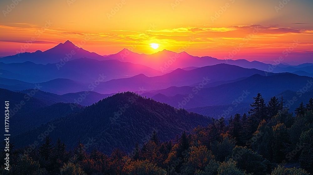 Fototapeta premium Vibrant mountain sunrise over forested ridges with distant peaks