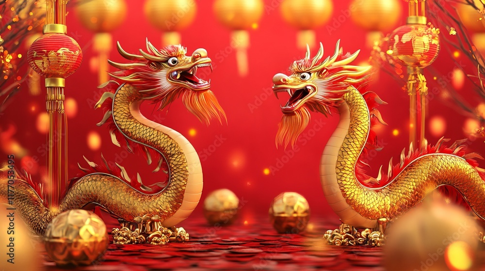 Fototapeta premium A joyful Chinese New Year frame with vibrant red and yellow colors, realistic dragon dance props, and glowing lanterns