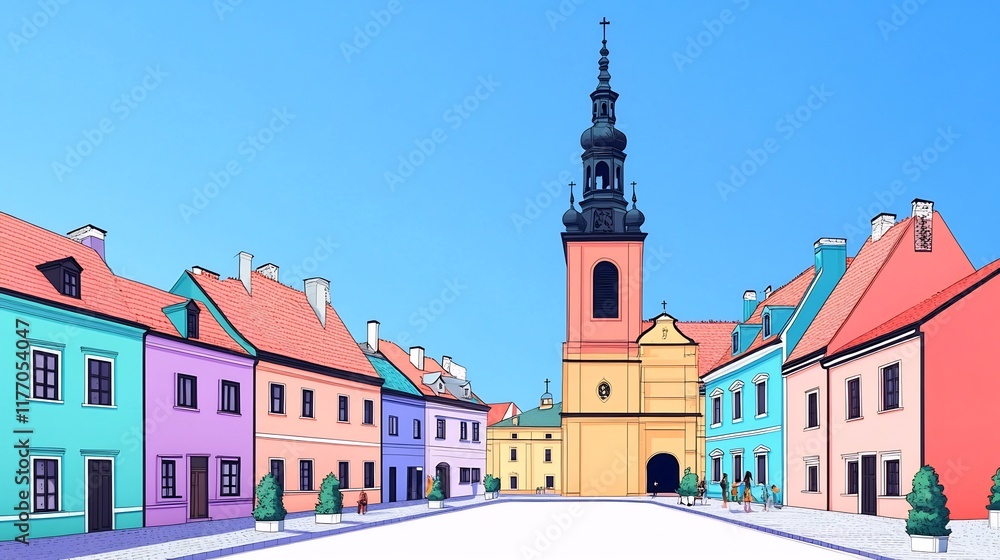 Obraz premium Vibrant Digital Illustration: Sunlit Colorful Town Square on a Clear Day. AI Generated