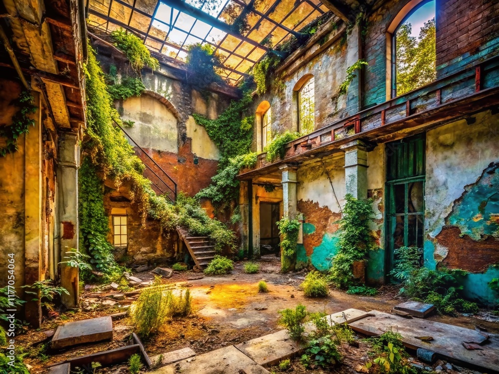 Fototapeta premium Abandoned Urban Building Interior, Hyperverbal Decay, Grunge Texture, Industrial Ruin Photography