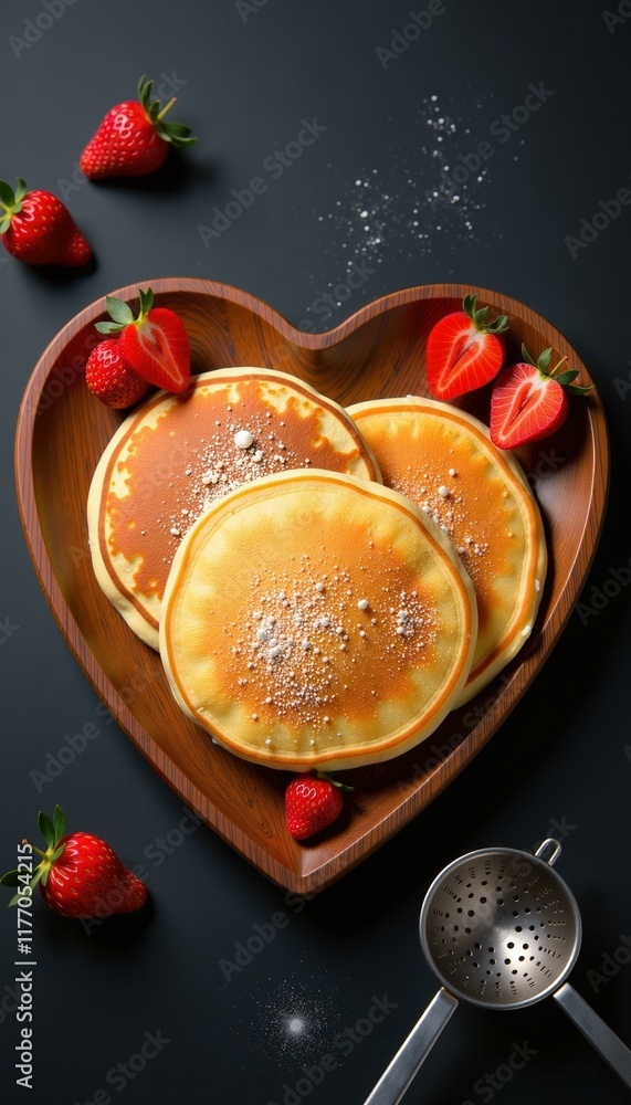 custom made wallpaper toronto digitalThree pancakes on a heart-shaped wooden plate, garnished with powdered sugar and fresh strawberries on a dark background Food Concept