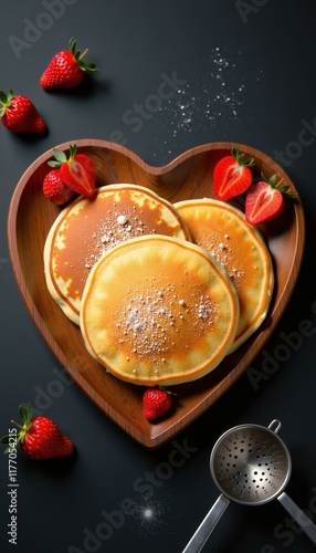 Wallpaper Mural Three pancakes on a heart-shaped wooden plate, garnished with powdered sugar and fresh strawberries on a dark background Food Concept Torontodigital.ca