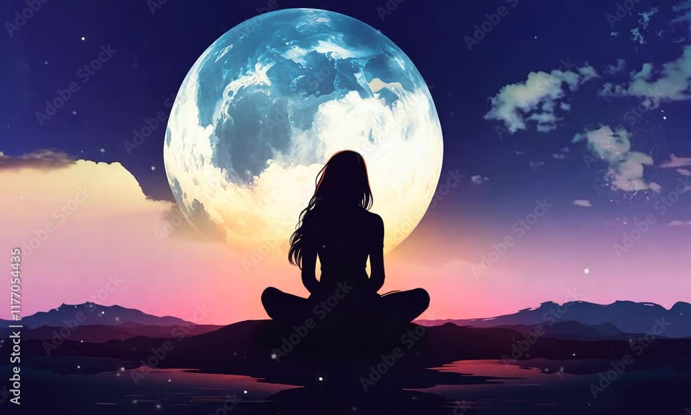 young woman sits in deep meditation by full moon at night illustrated animation young woman sits in deep meditation by full moon at night illustrated animation