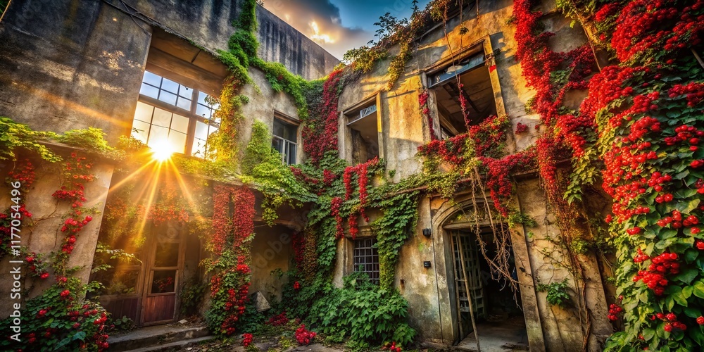 Obraz premium Abandoned Urban Building Overgrown with Carissa Carandas, Karanda Fruit Vines