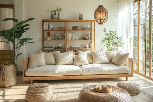 Sunlit living room with beige sofa, wooden shelves, plants, and woven accents near patio doors