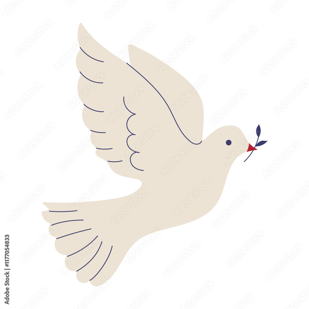 Fototapeta premium A white dove is flying with a leaf in its beak. Concept of peace and tranquility, as the dove is a symbol of hope and freedom. The leaf in its beak could represent growth and new beginnings
