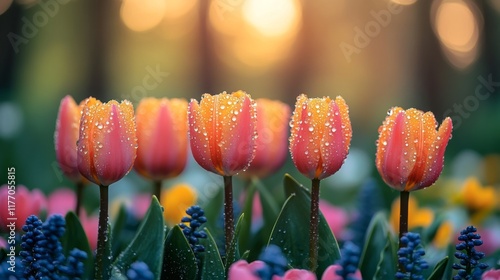 Colorful spring flowers bloom in a well-maintained garden flowerbed showcasin...