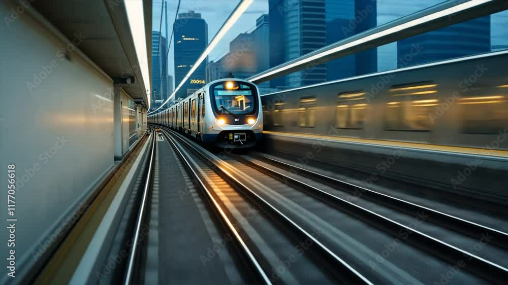 Modern train in motion through urban cityscape, highlighting sleek architecture and vibrant skyline, embodies essence of fast paced transportation and railway speed. Modern train in motion through urban cityscape, highlighting sleek architecture and vibrant skyline, embodies essence of fast paced transportation and railway speed.