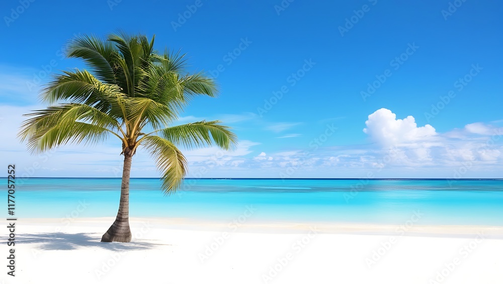 Fototapeta premium A shiny weather on a beautiful beach with a palm tree in the background