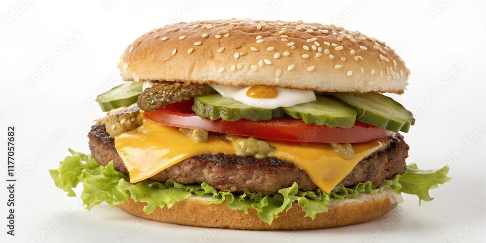 A Juicy Sesame Seed Bun Burger Topped with Melted Cheese, Crisp Lettuce, Tomato Slices, and Dill Pickles A Juicy Sesame Seed Bun Burger Topped with Melted Cheese, Crisp Lettuce, Tomato Slices, and Dill Pickles