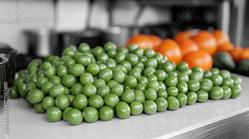 Fresh green peas piled in a rustic bowl on a simple wooden surface with soft ...