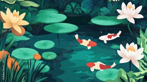 Serene Koi Pond: A Tranquil Oasis of Water Lilies and Colorful Fish