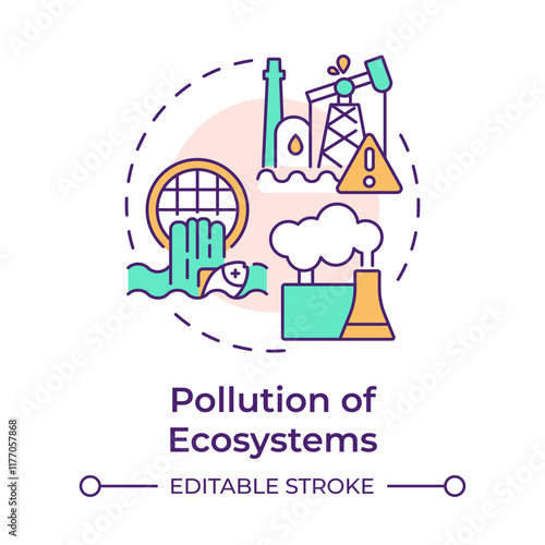 Pollution of ecosystem multi color concept icon. Biodiversity decline cause. Toxic emissions, water contamination. Round shape line illustration. Abstract idea. Graphic design. Easy to use in article