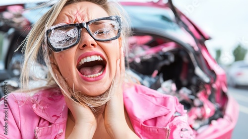 A distressed and screaming woman, wearing shattered eyeglasses, symbolizes fear and shock, standing beside a damaged car, reflecting a traumatic experience. photo