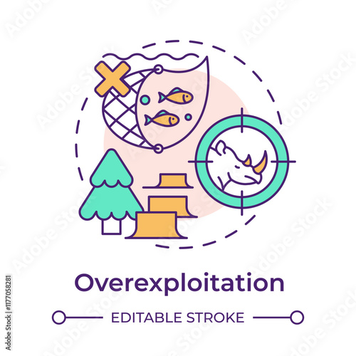 Overexploitation multi color concept icon. Biodiversity loss cause. Unsustainable use of natural resources. Round shape line illustration. Abstract idea. Graphic design. Easy to use in article