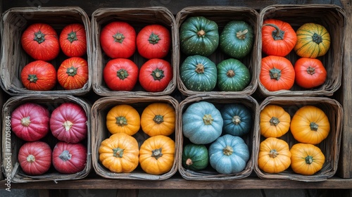 Colorful variety of pumpkins in a rustic basket at a farmers market during au...