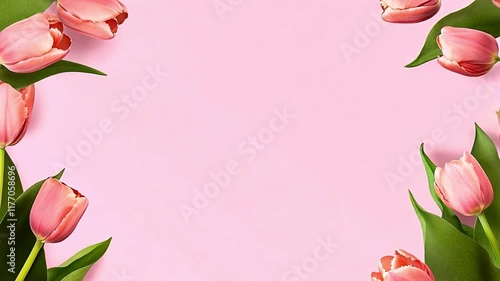 Wallpaper Mural Pastel pink tulips frame background. Pink tulips flowers on pink background. spring. Happy Easter card. top view 4k video Copy space Torontodigital.ca