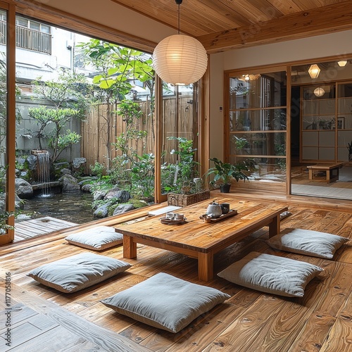 Traditional Japanese tea room with garden view, low table, cushions, and tranquil courtyard with pond