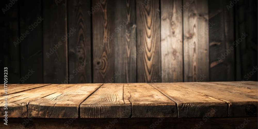 Rustic Wooden Tabletop with Aged Planks and Dark Wooden Background Ideal for Product Placement or Mockups Rustic Wooden Tabletop with Aged Planks and Dark Wooden Background Ideal for Product Placement or Mockups