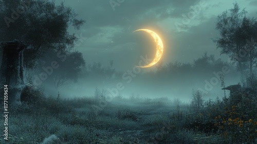 Golden crescent moon illuminates a tranquil foggy field at nightfall