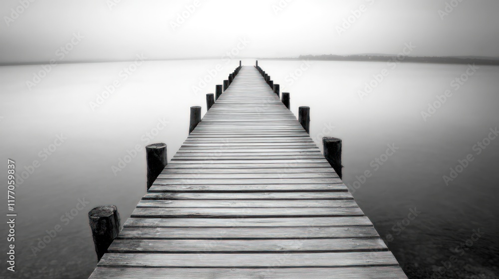 Serene Wooden Pier Extending to a Misty Lake Serene Wooden Pier Extending to a Misty Lake