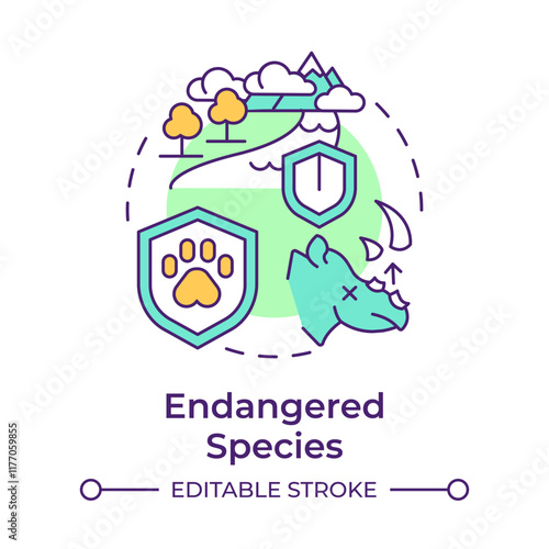 Endangered species multi color concept icon. Ecological balance. Threats faced by wildlife due to habitat loss. Round shape line illustration. Abstract idea. Graphic design. Easy to use in article
