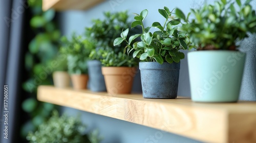 Indoor shelf featuring small potted plants arranged neatly in natural light