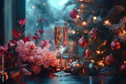 Festive champagne glass beside decorated Christmas tree with glowing lights d...