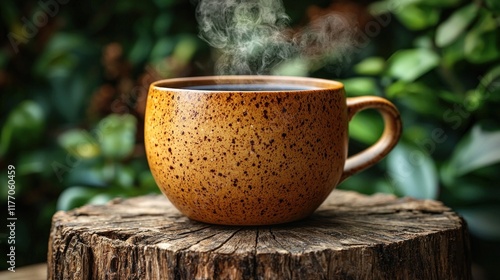 Wallpaper Mural Steaming coffee in rustic mug on tree stump in lush garden Torontodigital.ca