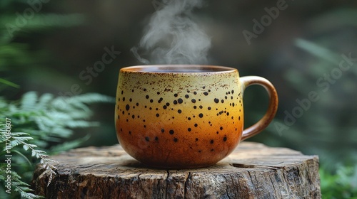 Wallpaper Mural Steaming mug on tree stump in lush garden with ferns Torontodigital.ca