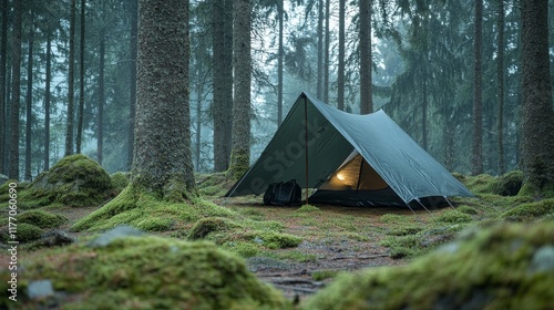 Camping setup in a misty forest with a tent surrounded by rocks and trees